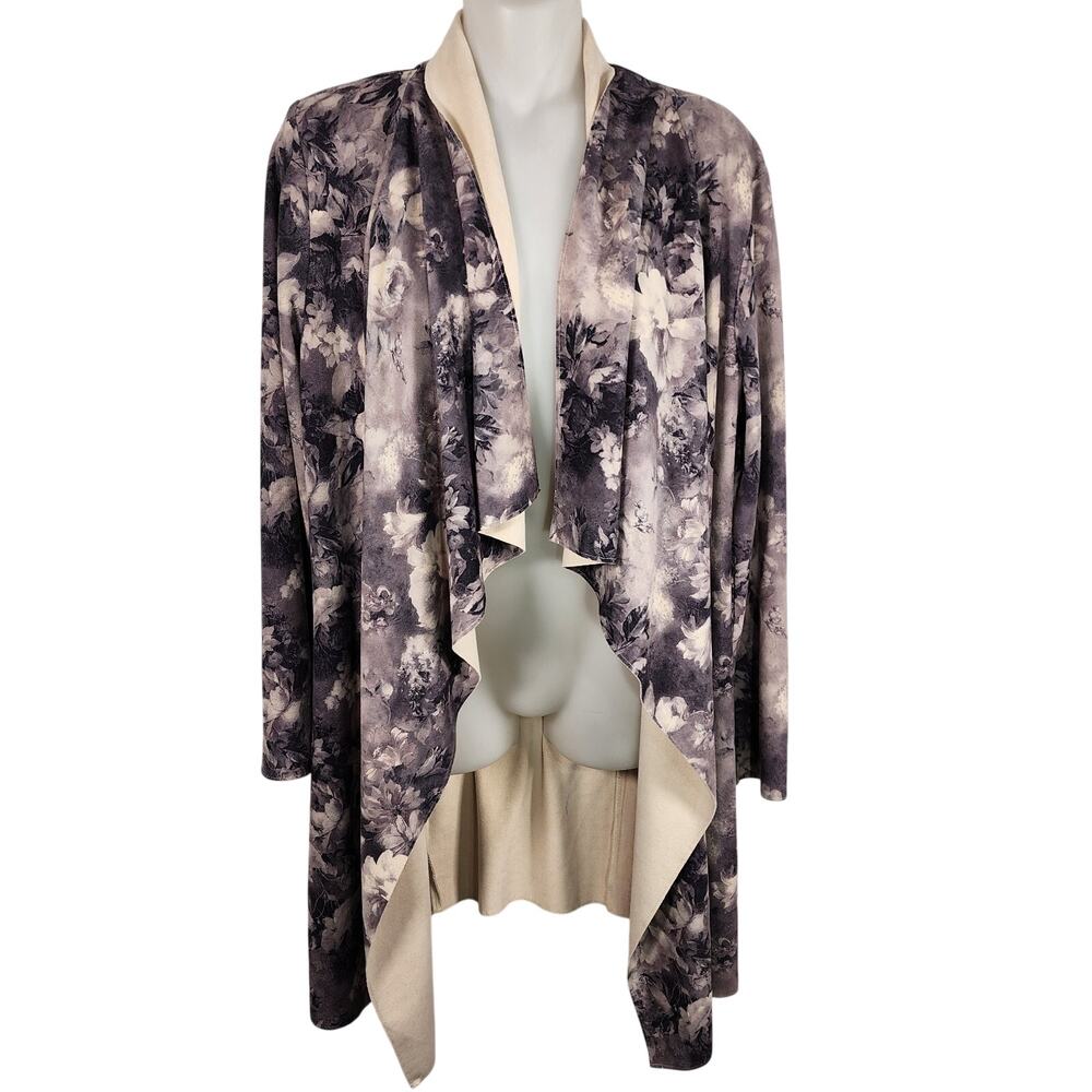 Solitaire Anthropologie Womens Faux Suede Floral Duster Jacket Grey Size Medium